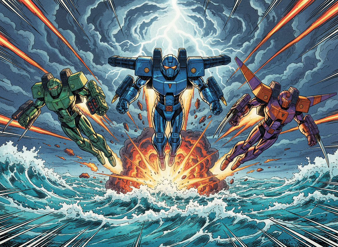 A bold comic book style splash image of three futuristic, heavily stylized exo-suits locked in an explosive mid-air formation over a stormy ocean, clearly inspired by 1980s Centurions battle armor and weapon modules without using recognizable faces. Metallic blue, green, and orange armor plating glints under a dramatic lightning-struck sky, with modular cannons, missile pods, and thrusters jutting from angular shoulder and limb mounts. The crashing waves below are rendered with thick, dynamic ink lines and saturated aquamarine tones. Harsh, high-contrast lighting from above and behind creates powerful rim highlights and deep shadows, emphasizing power and motion. The composition is a low-angle, comic-book cover shot, with sharp focus and radiating speed lines that amplify a dynamic, high-energy, Power Xtreme atmosphere.